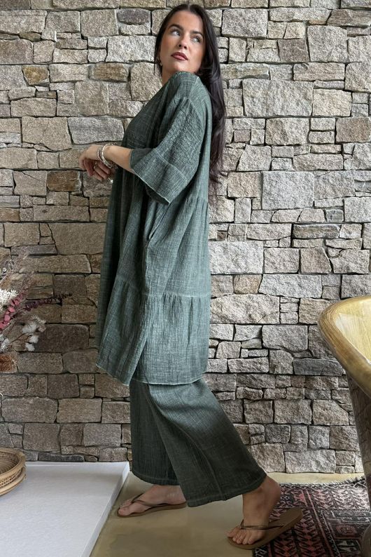 Loom & Thread Embroidered Tiered Smock Dress Washed Moss